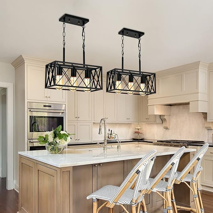 KEESFU Black Farmhouse Kitchen Island Lighting, 3 Lights Pendant Lighting Fixtures, Adjustable Height, Industrial Dining Room Light for Living Room Foyer Dining Table Over Sink.