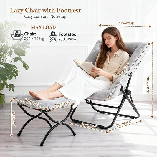 Saucer Chair with Ottoman, Oversized Foldable Faux Fur Chair, X-Large Soft Dorm Chair, Patio, Study, Playroom (Grey)