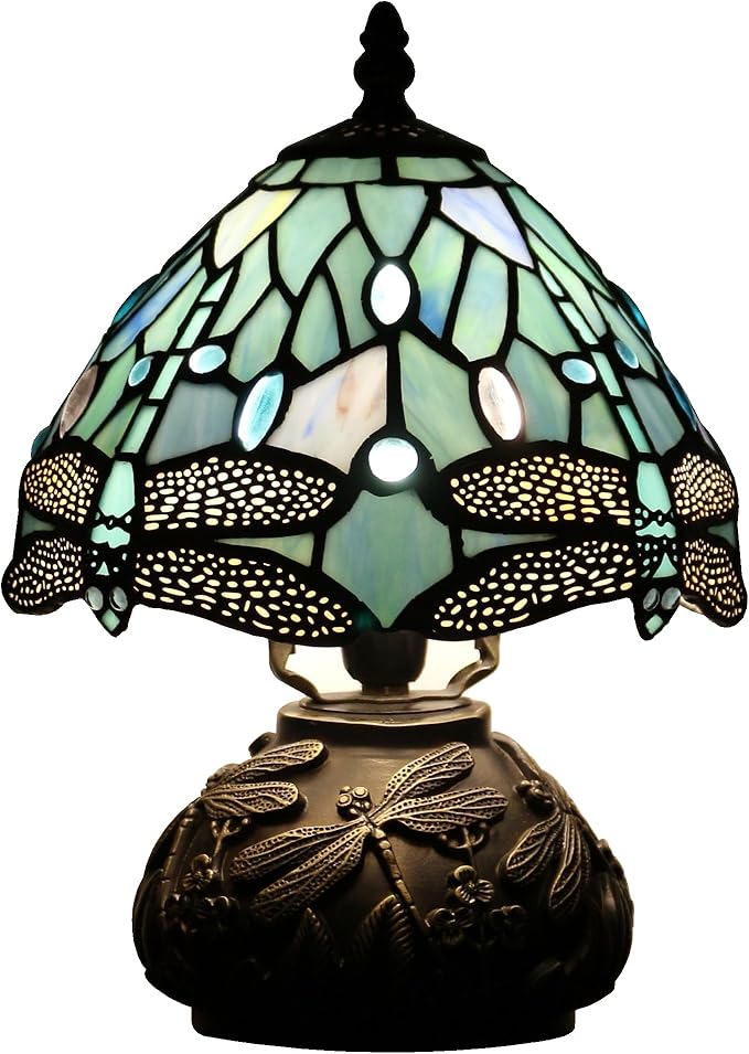 Small Tiffany Lamp Mini Stained Glass Table Lamp Sea Blue Dragonfly Style Mushroom Desk Light Memory Sympathy Lamp 8X11 Inch