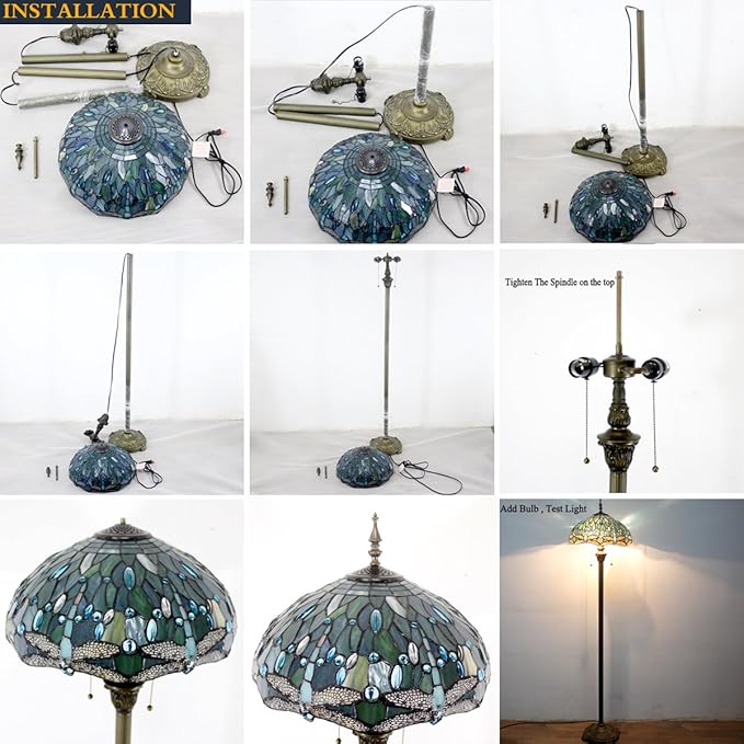 WERFACTORY Tiffany Floor Lamp Hummingbird Amber Stained Glass Standing Reading Light 16X16X64 Inches Antique Pole Corner Lamp Decor Bedroom Living Room Home Office S101 Series
