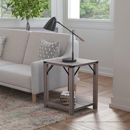 Flash Furniture Wyatt Modern Farmhouse 2 Tier Side Table - Gray Wash Engineered Wood Frame - Black Metal Crisscross Side Braces and Corner Accents
