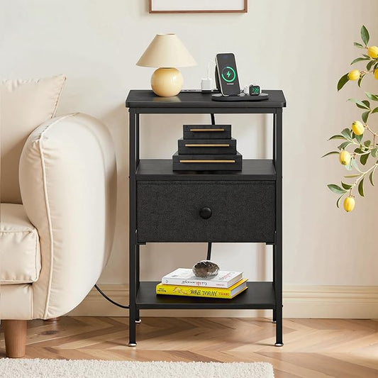 VECELO Side Tables with Charging Station,Nightstand with Storage Shelf&Fabric Drawer,Bedside Tables for Bedroom,Living Room,Small Spaces,Black