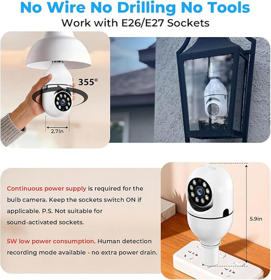 2K Light Bulb Camera Outdoor, 5G&2.4GHz Cameras for Home Security, 360° PTZ Wireless Lightbulb Socket Security Cam with Color Night Vision, 2 Way Audio, AI Human Detection, 2 Packs