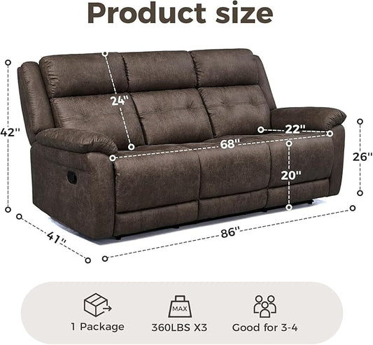 Oversized Manual Recliner Sofa, 86” Extra Wide 3 Seater Reclining Couch for Living Room, Dual Pull Handle Recliners, Upright Middle Seat, One-Piece Design No Assembly Required, Performance Fabric