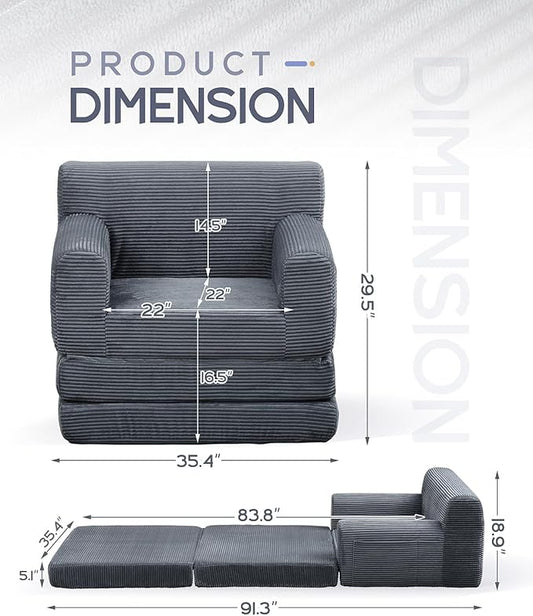 Boneless Couch Sofa Bed, Convertible Sleeper Chair with One-Piece High-Density Foam (No Lumps), Foldable Floor Mattress for Adults Guest Gaming, Non-Slip, Side Pockets, 84"x35", No Assembly