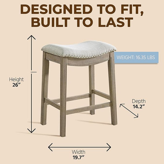 ROME + OAK Set of 4 Parker 26" Counter Stool, Backless Saddle Kitchen Barstool in Reclaimed Oak Finish with Ash Grey Fabric Upholstery Cushion Seat