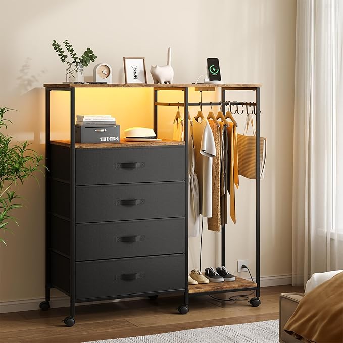 Dresser for Bedroom with Clothes Rack, 4 Drawers Dresser with Charging Station and LED Lights, Storage Chest of Drawers with Wheels, Wooden Top, for Closet, Living Room, Hallway, Rustic Brown