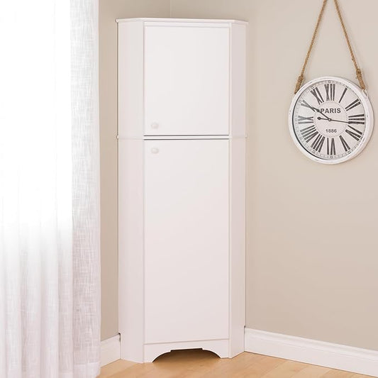 Prepac Elite 72" Tall Corner Cabinet Storage with 2 Doors, Wood Bathroom Storage with 3 Adjustable Shelves, Free Standing Corner Pantry Cabinet Suitable for Kitchen, Entryway, Bathroom, White