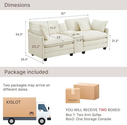 KISLOT 74.4" Oversized Modular Sectional Sofa with Storage Console,Loveseat Cloud Couch with Deep Seat & Thick Cushions, Multi Functional Console with USB and 2 Cup Holder,Sofa Set for Living Room | Wood Frame