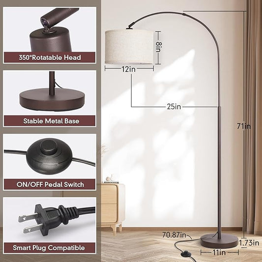 Seaside village Floor Lamp for Living Room, Arc Lamp with Adjustable Head, Modern Tall Lamp with On/Off Pedal Switch, Over Couch Standing Hanging Light for Reading, Bedroom, Office (Brown)