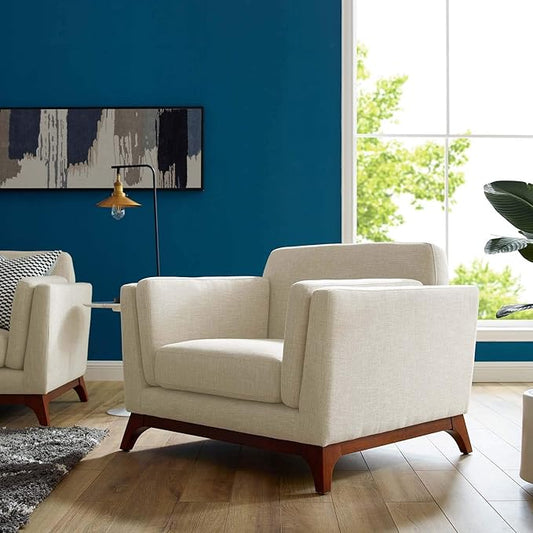 Modway Chance Mid-Century Modern Upholstered Fabric Accent Lounge Arm Chair In Beige