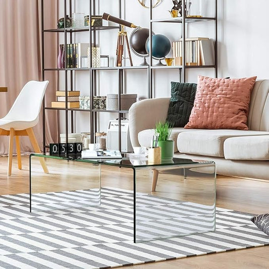 Tangkula Glass Coffee Table, 42.5" L × 20" W ×14" H, Modern Home Furniture, 0.47" Clear Tempered Glass End Table, International Occasion Tea Table, Waterfall Table with Rounded Edges (Clear)