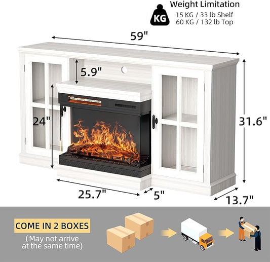 YESHOMY Glass Fireplace TV Stand for TVs up to 65 Inch, Media Entertainment Center with Storage, White Wash
