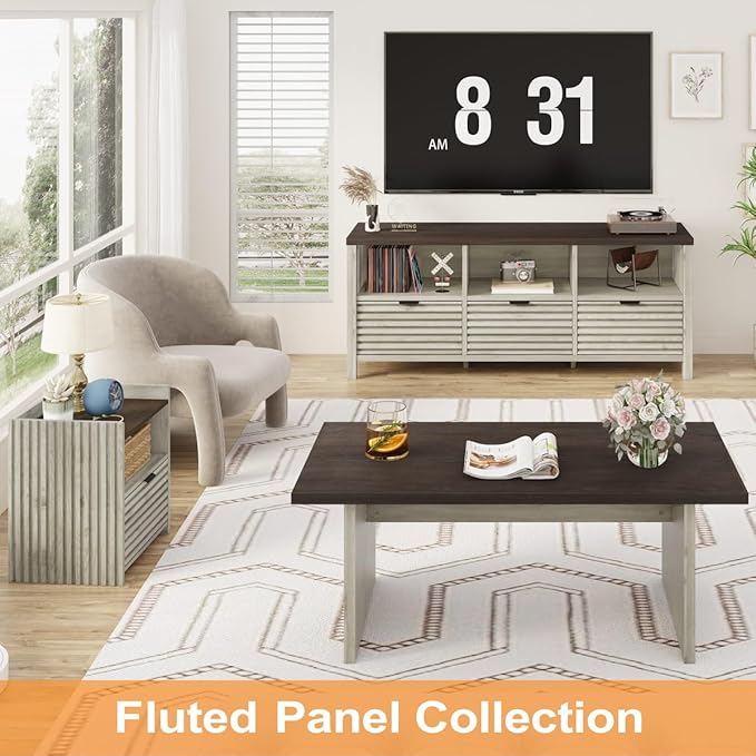 BON AUGURE TV Stand, Mid Century Modern for 55/60/65 inch TV, Farmhouse TV Stand, Low Entertainment Center with Storage, TV and Media Console for Living Room, Walnut Washed Grey