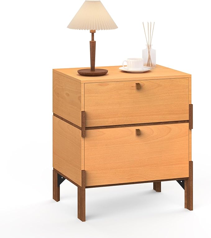 23" Night Stand, Easy Assembly Bedside Table with 2 Storage Drawers, Mid-Century Style Wood End Table for Bedroom, Dormitory, Basswood Color (1 pcs)