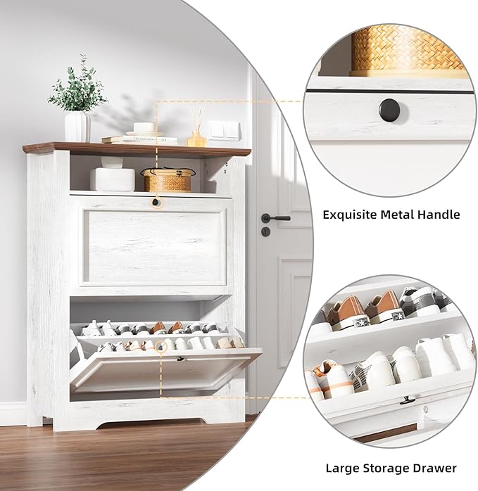 39" Farmhouse Shoe Storage Cabinet with 2 Flip Drawers and Adjustable Entryway Shelves, Hidden Shoe Organizer, White Walnut