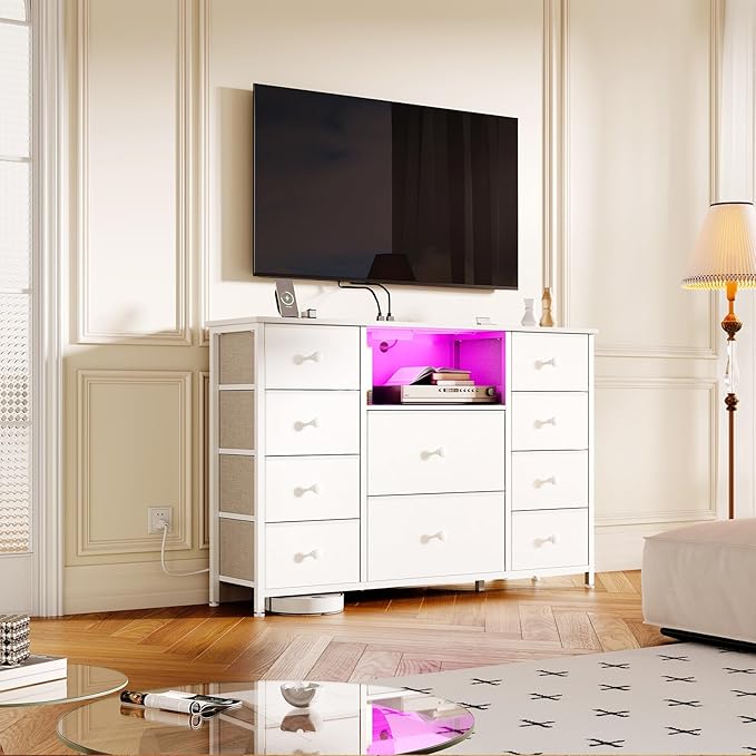 Dresser for Bedroom with 10 Drawers, White Storage Organizer TV Stand for 55" TV with LED Lights and Sockets, Fabric Chest of Drawers with PU Finish for Kid Room, Entryway, Living Room, Hallway