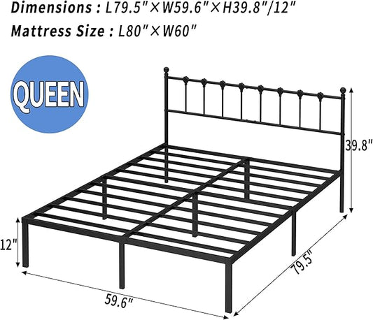 Queen Size Bed Frame with Modern Headboard, Metal Platform Bed Base with Strong Support, No Box Spring Needed, Easy Assembly, Noise Free,Black