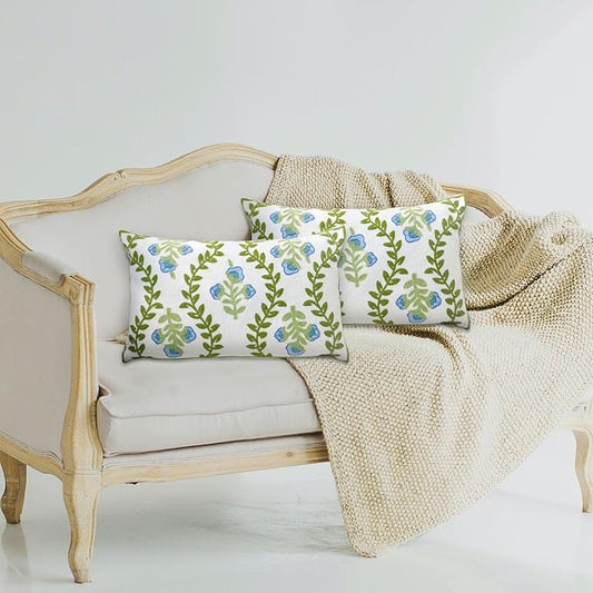 Set of 2 Embroidered Decorative Throw Pillow Covers Couch Square Pillowcases Cushion for Bedroom Sofa Farmhouse Decor 12x20 Inch (Blue Floral-Lumbar)