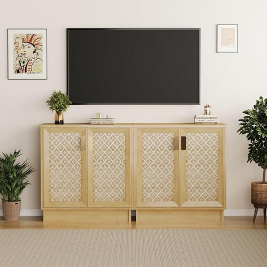 Sideboard Buffets Storage Cabinet, Boho Rattan Accent Cabinet with Doors, Farmhouse Buffet Console Table Coffee Bar for Entryway Kitchen Dining Room, Floral Rattan