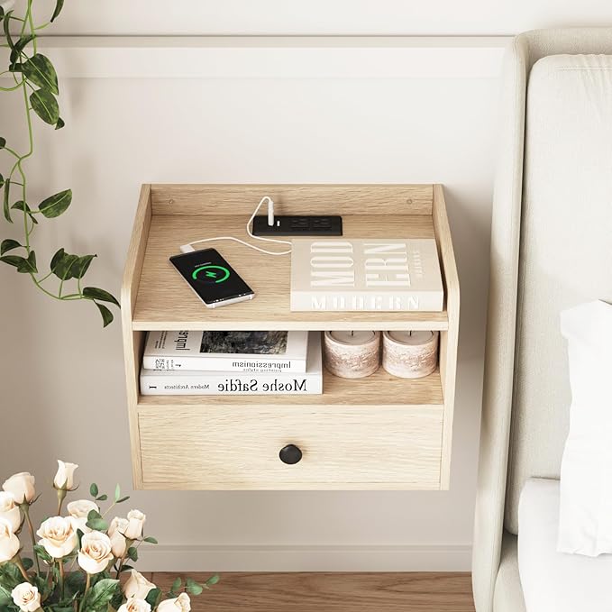 Floating Nightstand Set of 2 Modern Night Stands with Drawer and Open Shelf Cubby Small Bedside End Table with Charging Station Wall Mounted Nightstands Set 2 for Bedroom Natural