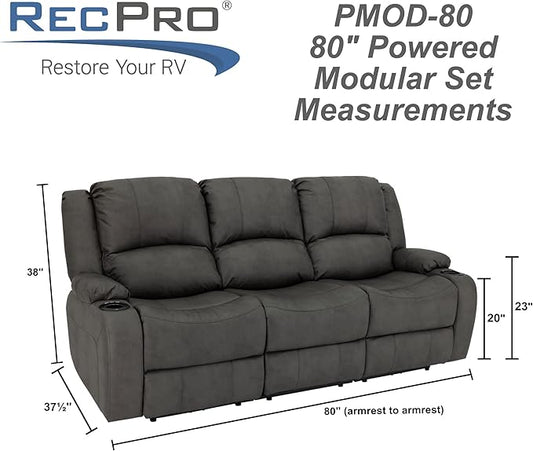 RecPro Charles Powered Triple RV Wall Hugger Recliner | Drop Down Console | RV Furniture with Upgraded 2023 Fabric (Gunmetal, 80")