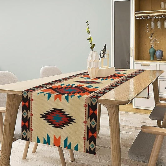 Aztec Southwest Retro Table Runner Vintage Geometry Triditional Ethnic Style Garden Farmhouse Dining Table Decoration for Living Room Kitchen 13x120in
