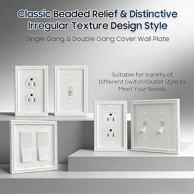 EFTV 10 Pack Mid-Size Toggle Light Switch Wall Plates 2-Gang Switch Electrical Cover Plate Unbreakable Thermoplastic Faceplate, Classic Beaded Relief Design, White