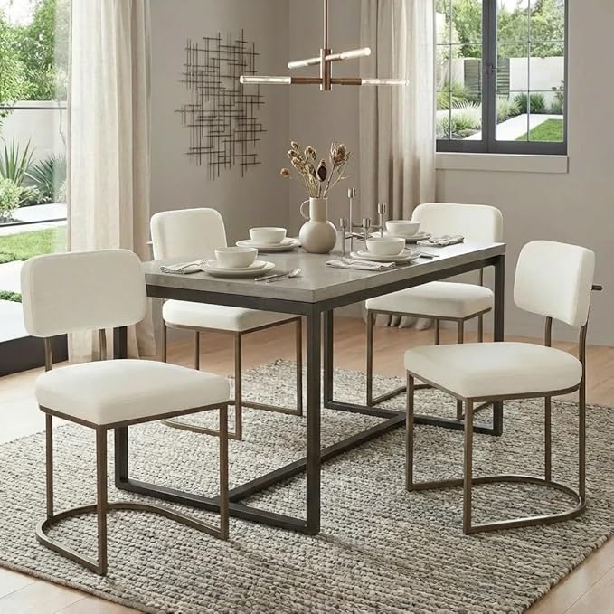 Dining Chairs Set of 6, Upholstered Modern Kitchen Chairs with Ergonomic Backrest, Fabric Cushion & Wire Drawing Curve Metal Legs for Living Room, Restaurant, CafΓ©, Ivory, 2Boxs
