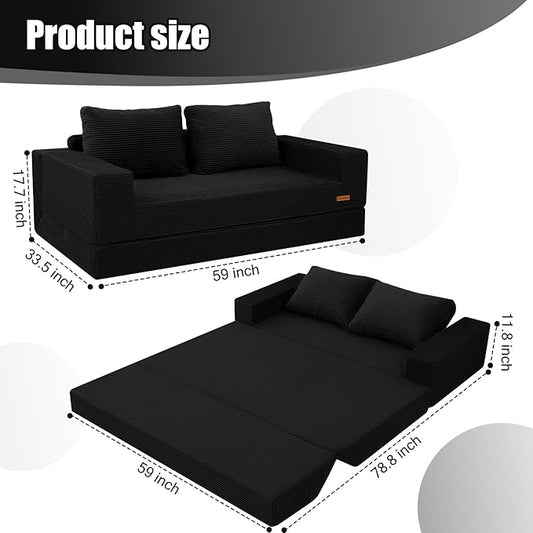 COMAX Convertible Sofa Bed Queen, Corduroy Folding Floor Couch Pull Out Couch Bed Futon Sleeper with Pillows, Fold Out Boneless Sofa Comfy Lounge Mattress Loveseat for Living Room Bedroom, Black