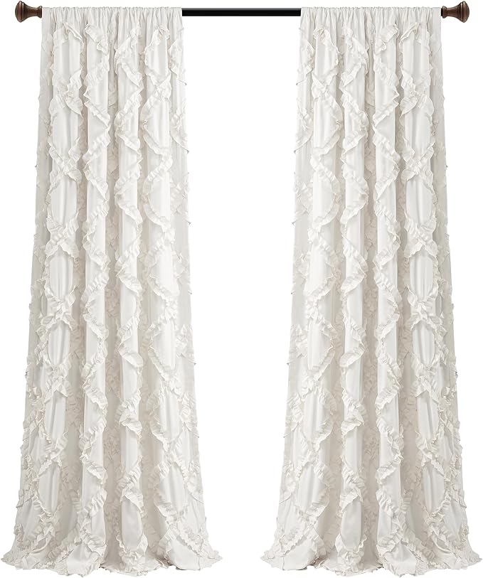 Lush Decor, White Ruffle Diamond Curtains Textured Window Panel Set for Living, Dining Room, Bedroom (Pair), 84” x 54, 2 Count