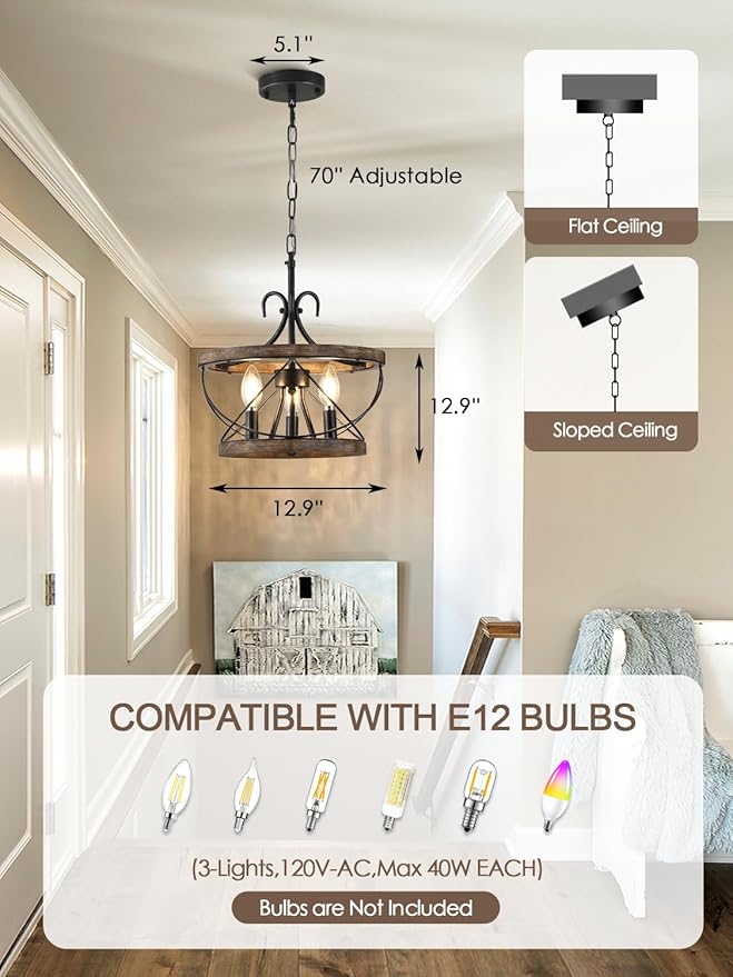 12 Inch Farmhouse Chandelier Light Fixture, 3-Light French Country Rustic Chandeliers Drum Hanging Pendant Lighting Over Table for Kitchen, Island, Dining, Room, Entryway, Foyer