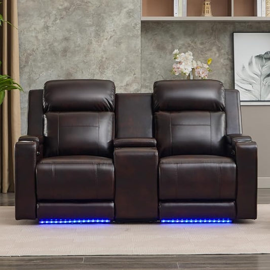 Power Reclining Loveseat with Console, Power Loveseat Recliner Sofa with Adjustable Headrest/LED Light/Wireless Charging/Arm Storage, Power Recliner Loveseat for Living Room (Brown, 2 Seater)