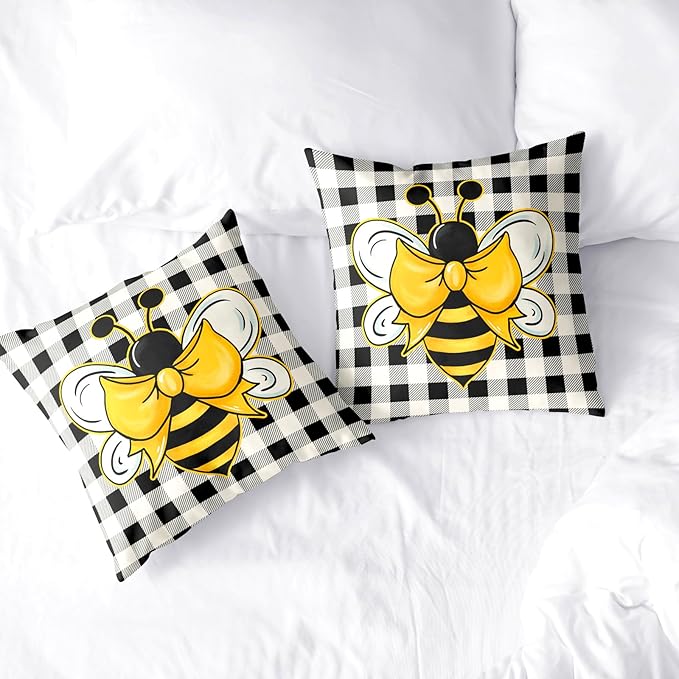 2 Pack Bee Themed Decor Pillow Covers 22x22 Black and White Plaid Throw Pillow Covers Spring Summer Pillowcase Soft Touch Cotton Blend Farmhouse Decor for Indoor Sofa Bed