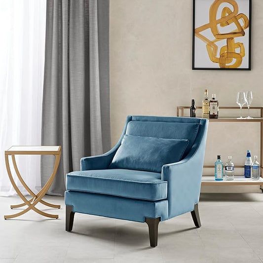 Martha Stewart Anna Upholstered Accent Chair, Removable Lumbar Pillow Support, Square Arm, Jacqard Fabric, Chic Modern Wide Cushion Seat Bedroom Lounge Comfy, Blue, 30.75" W x 32.25" D x 32.5" H