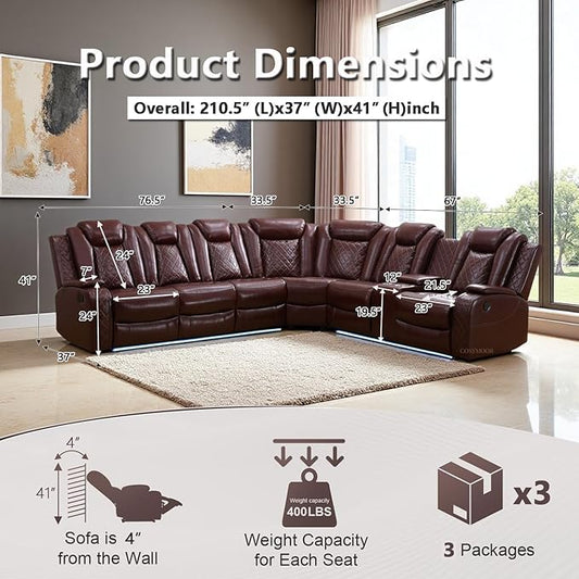 Living Room Furniture Sets, Power Recliner Sofa Sectional Sofa with LED Light for Living Room, Brown Leather Reclining Sectional Couches Set, Cup Holder, Storage Console for Home Theater Seating