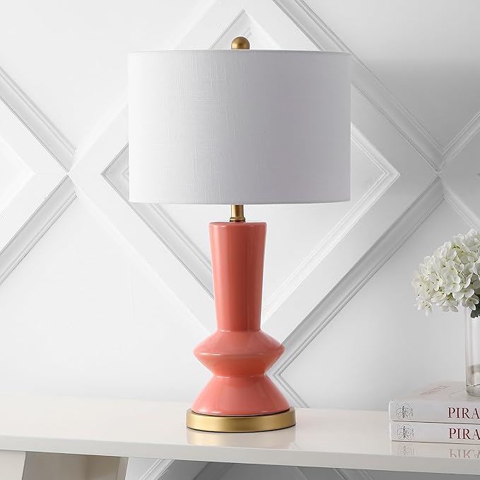 JONATHAN Y 27" Coral/Gold Painting Modern Ceramic Table Lamp for Bedroom Living Room, with White Linen Shade, Glam Geometric Bedside Nightstand Lamp, LED Bulb Included (JYL6607B)