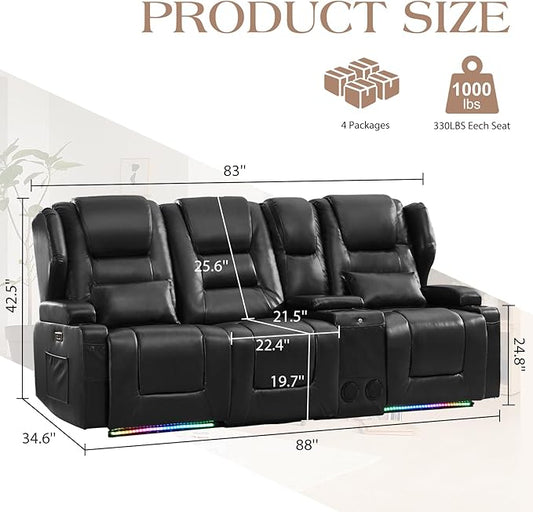 Oprisen 3-Seater Power Recliner Sofa Couch Flip Middle Backrest Reclining Sofa Chair for Living Room with Multi-Function Console/Cup Holders/LED Ambient Light