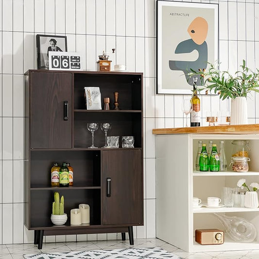 Giantex Storage Cabinet with Legs, Floor Cabinet with Doors, Shelves, Anti-Tipping Device, 4-Tier Bookshelf for Books & Photos, Tall Cupboard in Living Room, Kitchen Buffet Sideboard (Espresso)