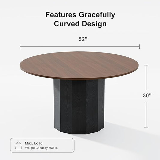 Casaphoria 52" Round Dining Table for 6, Two-Tone Walnut Wood Top and Black Pedestal Base, Modern Farmhouse Style, Dining Table Only
