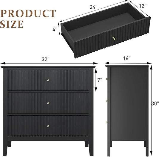 RoyalCraft Large 3 Drawer Dresser Set of 2, Fluted Chest of Drawers with Storage, Modern Painted 30 inch Tall Nightstand for Bedroom Living Room Entryway, Black