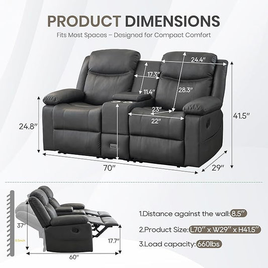Manual Reclining Loveseat with Massage and Heat, Double Recliner Sofa with Center Console, Cup Holders & Storage for Living Room, RV (Grey)