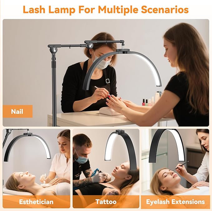 CHICLUX Half Moon Light for Eyelash Extensions, Dimmable LED Lash Light with Phone Holder, Esthetician Lamp with Adjustable Brightness & Height, Wheeled Base, Foldable Lamp Head, Black