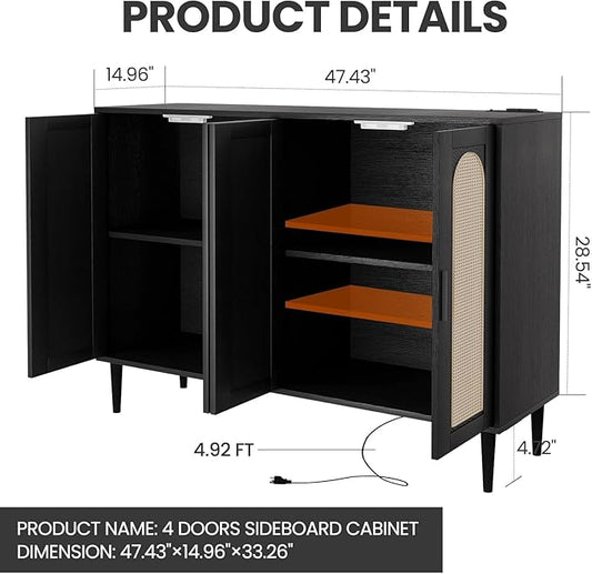 Rattan Sideboard Buffet Cabinet, Boho Accent Storage Cabinet, 4 Doors Console Table Coffee Bar with Power Outlet, Adjustable Shelves for Kitchen, Dining Room, Hallway, Living Room