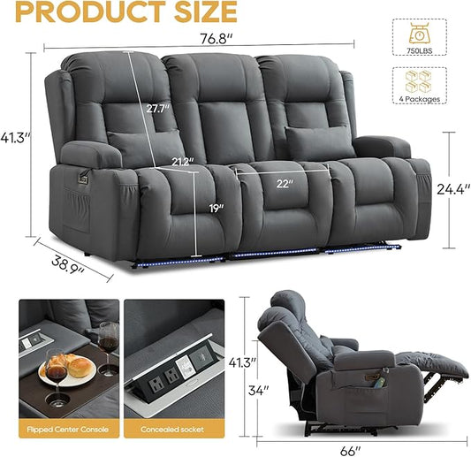 IPKIG Power Recliner Sofa with Flip-Up Backrest Console, USB & USB-C Ports, AC Outlet, LED Lights, Wall Hugger Recliners for Living Room, RV (Light Blue, 76.8" - 3 Seat) | Leathaire Fabric, Zero Gravity, Dual Reclining, 2 Lumabr Pillow