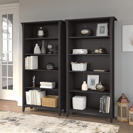 Bush Home Salinas Tall 5 Shelf Bookcase - Set of 2 in Vintage Black, Vertical Office Storage, Bookshelves for Home Workspace, Multi-Purpose Shelving Units