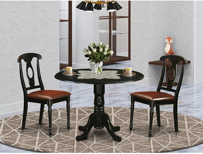 East West Furniture DLKE3-BLK-LC 3 Piece Kitchen Table & Chairs Set Contains a Round Dining Table with Dropleaf and 2 Faux Leather Dining Room Chairs, 42x42 Inch, Black