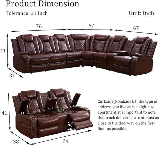 Power Reclinier Sectional Sofa Set,Brown Red Leather Reclining Sectional Modular Sofa with Loveseat,L Shaped Leather Couch with LED Light for Living Room/House/Apartment/Lounge(L+Loveseat)