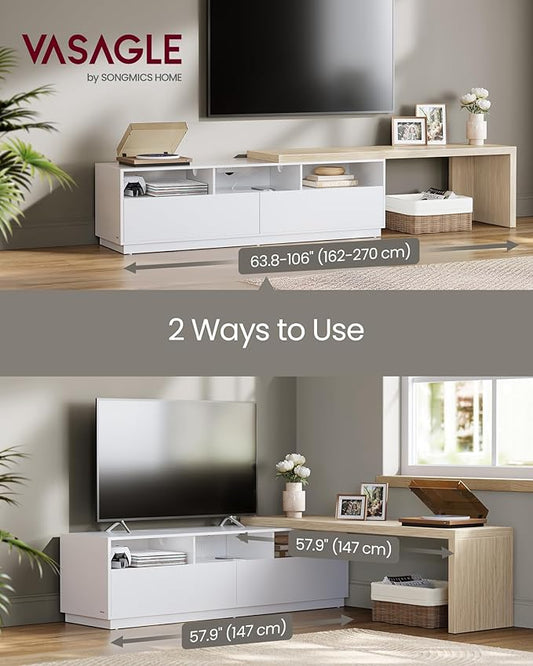 VASAGLE TV Stand with Power Outlet, Adjustable Length 63.8-106 Inches, Modular L-Shaped TV Console Table, LED Light, Fits Large Screen TV, for Living Room, Cloud White and Natural Beige ULTV126W01
