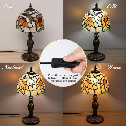 Tiffany Table Lamp,3 Color-Temperature Sunflower Stained Glass Lamp,8 Inch Tiffany Style Lamp for Bedroom Living Room Home, Handcrafted Light, Included Bulb (Yellow Sunflower)